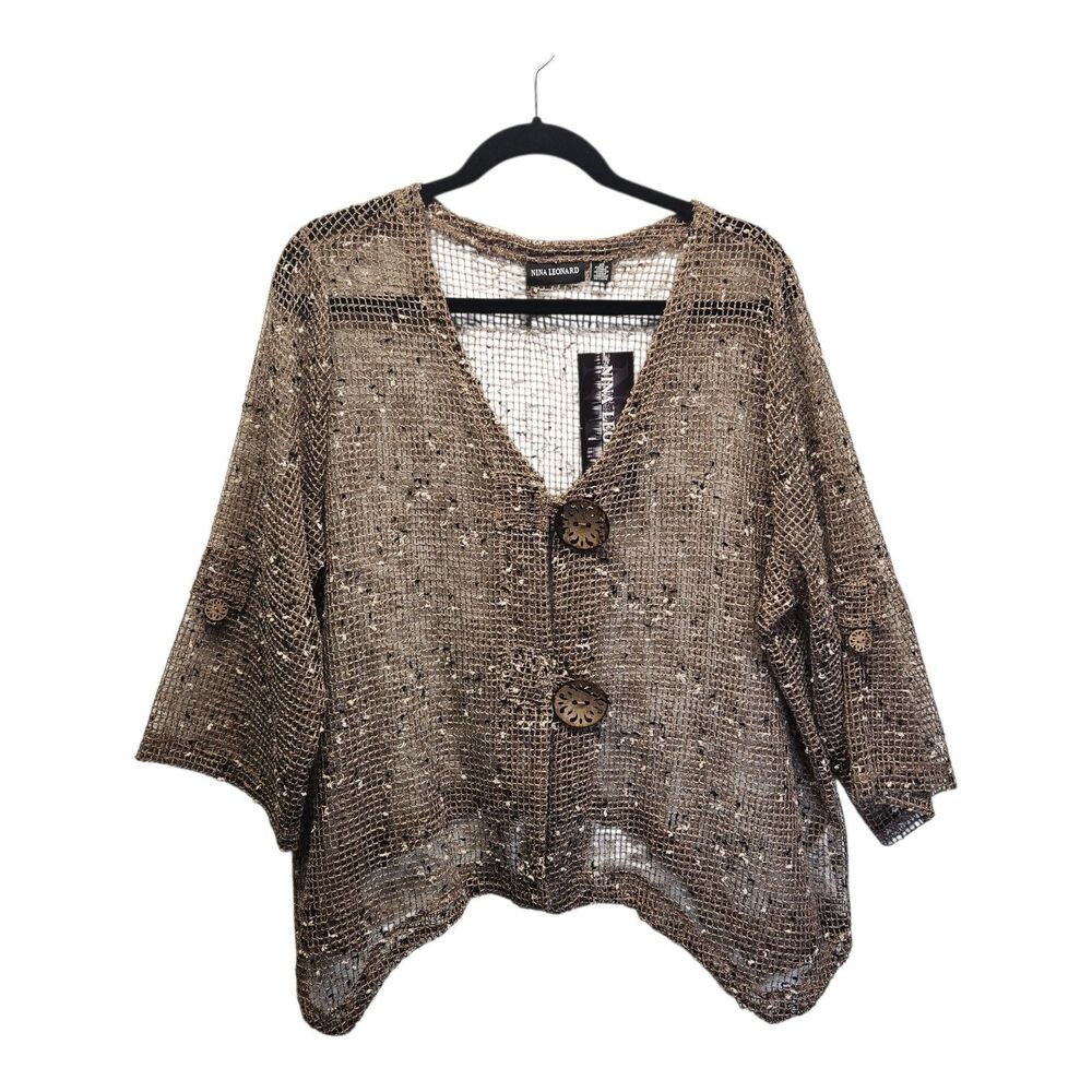Nina Leonard Women's 2X Open Knit Cardigan 3/4 Sleeve Jacket Lagenlook NEW